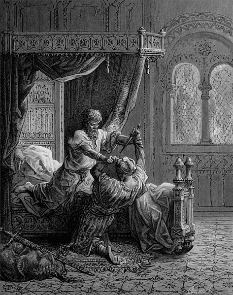 In Acre, a member of Syrian Order of Assassins attempts to kill Edward I, but is overpowered and killed by the soon-to-be King of England (r. 1272-1307), June, 1272, illustration by Gustave Dore (1832-1883) 